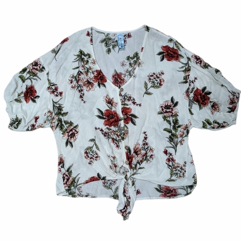 Women's Cream + Red + Pink Floral Tie-Front Top